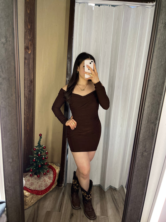 Cathy off shoulder dress (Brown)